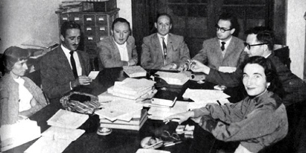 Paciencia Ontañón, Juan M. Lope Blanch, Augusto Monterroso, Ernesto Mejía Sánchez, José Pascual Buxó, Antonio Alatorre y Margit Frenk, 1958 © Archivo UNAM