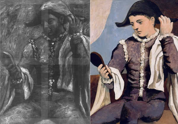 Radiografía que muestra la composición original de 'Arlequín con espejo' (izquierda) y cómo quedó el óleo. MUSEO THYSSEN-BORNEMISZA