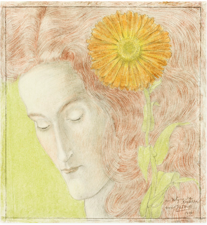 Woman's Head with Red Hair and Chrysanthemum (1896) by Jan Toorop. Original from The Rijksmuseum