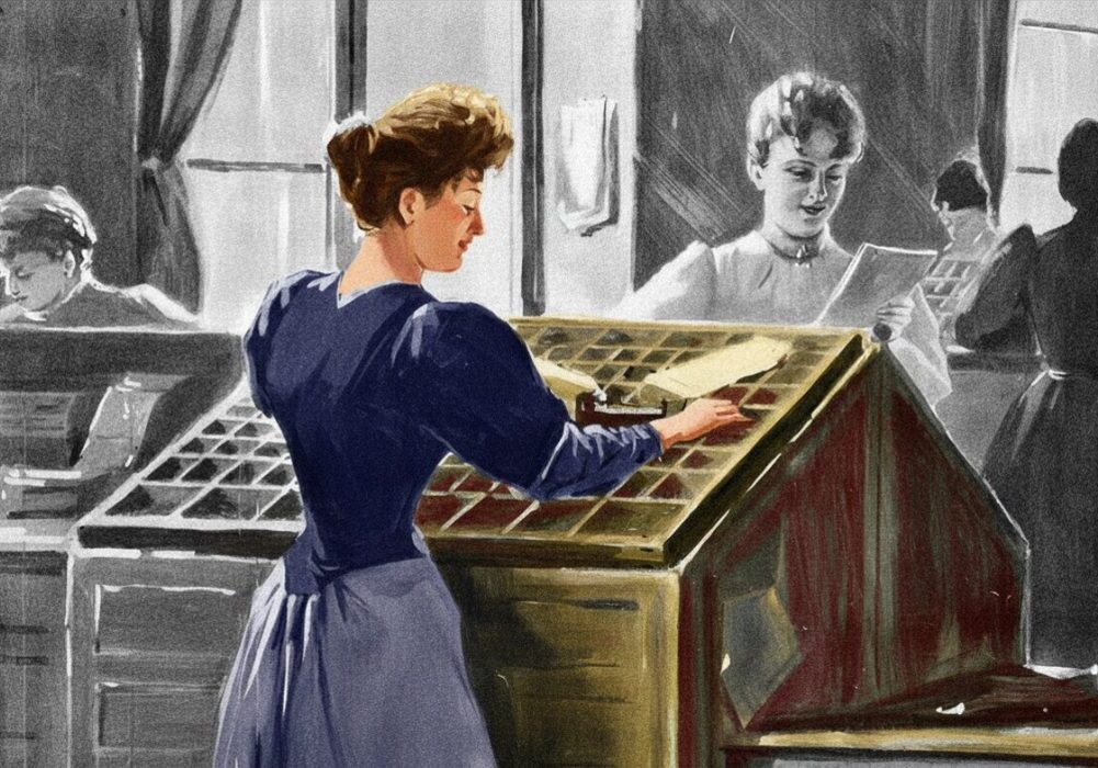 Detail from a German print of female typesetters after a drawing by Colanus, 1894 
